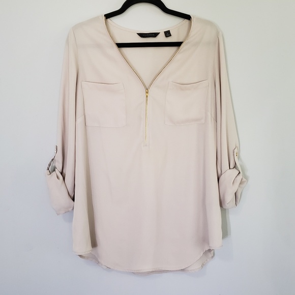 Investments Tops - Investments Zipper Neck Beige Top - LARGE